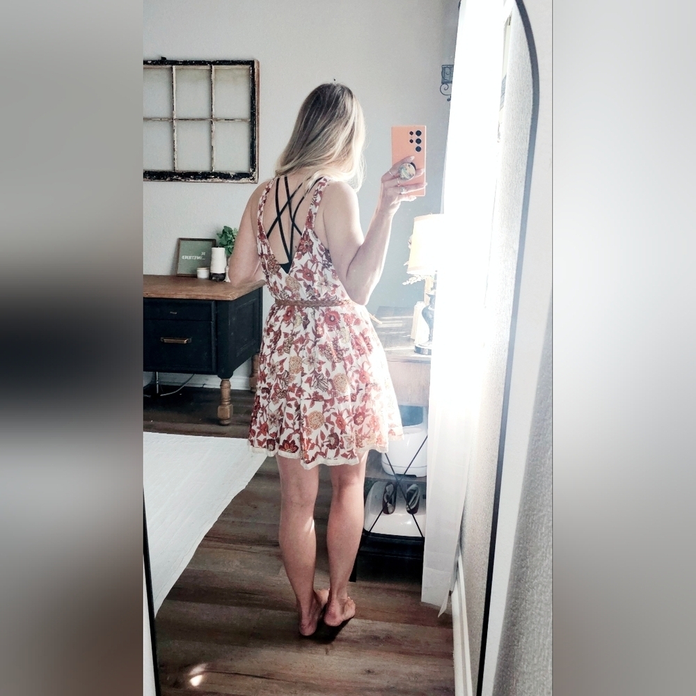 Free People Oh Baby Floral Mini Dress Swing Fully Lined White Cotton Smocked XS - Picture 10 of 16